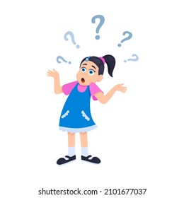 Little doubt girl kid asking question flat style design vector illustration isolated on white background. Cute girl thinking about something and question mark flies above her asking concept.