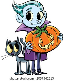little dracula holds a pumpkin for halloween and the cat flies around his legs