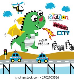 little dragon attack city funny animal cartoon, vector illustration