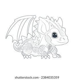 Little dragon black stroke sketch isolated on white background. Vector illustration.