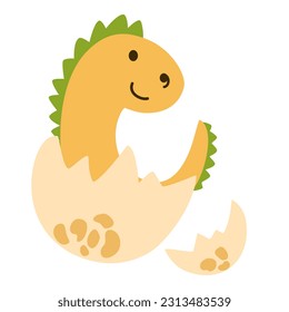 Little Dragon. Cartoon baby сute Dinosaur hatched from an egg. Vector children illustration perfect for print, patterns and children room.