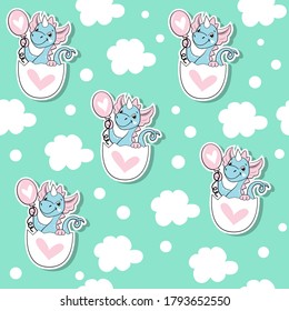 A little dragon in an egg holds a balloon on a blue background seamless pattern. Fashion Stickers
