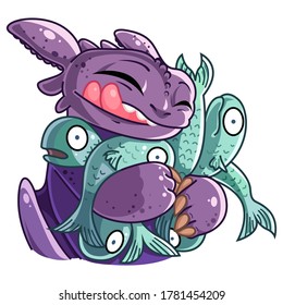Little Dragon. Funny cartoon little purple dragon hugs a fish. Vector illustration in cartoon style. Isolated on a white background.
