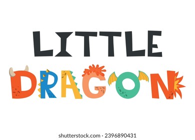 Little dragon lettering. Vector illustration in cartoon style. Childish design for birthday invitation or baby shower, poster, clothing, nursery wall art, and card.