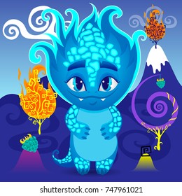 Little Dragon or Monster in Magic World, Wonderland, Fire Tree, Unusual Berries, Cartoon Character Hand Drawn Vector Illustration EPS 10