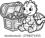 Little dragon sitting by open treasure chest filled with gold coins and jewels, cartoon art.