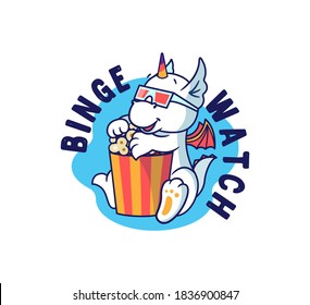 El pequeño dragón está viendo una película y comiendo una palomita. Monstruo de unicornio arcoiris con una frase con letras - Binge Watch. Bueno para camisetas, diseños de tela, etc. Ilustración vectorial