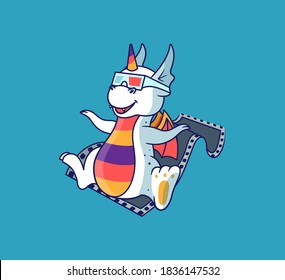 Der kleine Drache sieht sich einen Film an und fliegt auf einem Retro-Kinofilm. Einhornmonster aus Regenbogen eignet sich gut für T-Shirts, Stoffdesigns usw. Dieses Design ist eine Vektorgrafik