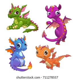 Little dragons set. Funny fantasy characters, isolated on white background. Vector cartoon  colorful icons.
