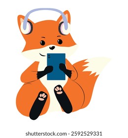 Little drawn orange fox sitting and watching tablet with headphones