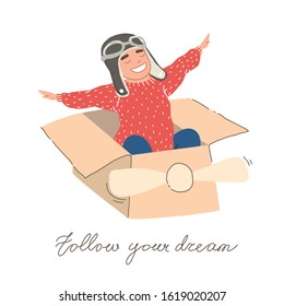 Little dreamer boy playing with a cardboard airplane. Childhood. Fantasy, imagination. Kids playing with toys. pilot school, innovation. Vector illustration