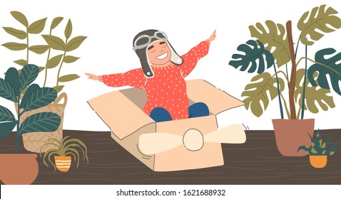 Little dreamer boy playing with a cardboard airplane. Childhood. Fantasy, imagination. Kids playing with toys. pilot school, innovation. Vector illustration