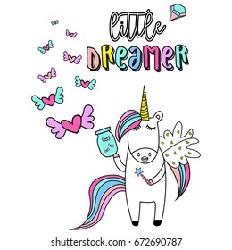 "Little Dreamer" unicorn with flying hearts