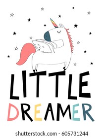 little dreamer unicorn illustration vector for print design.
