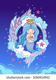 Little dreamy mermaid with crown, blue hair, surrounded by seaweed, clouds, starfish. Vector illustration for poster, print, invitation.