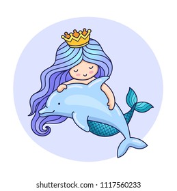 Little dreamy princess mermaid with dolphin. Colorful cartoon character on a round violet background for print, poster, postcard.