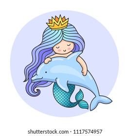 Little dreamy princess mermaid with dolphin. Colorful cartoon character on a round violet background for print, poster, postcard.