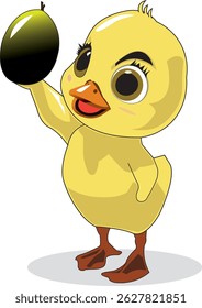 little duck holding a mango fruit