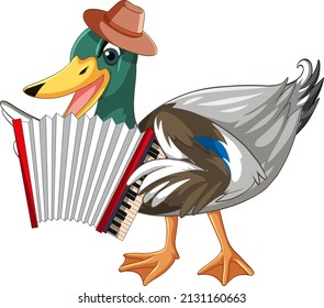 Little duck play accordion on white ground illustration