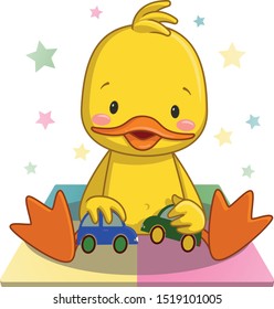  a little duck is playing with a toy car,