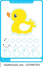 little duck. Preschool worksheet for practicing fine motor skills - tracing dashed lines. Tracing Worksheet.  Illustration and vector outline - A4 paper ready to print.