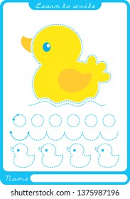 little duck. Preschool worksheet for practicing fine motor skills - tracing dashed lines. Tracing Worksheet.  Illustration and vector outline - A4 paper ready to print.