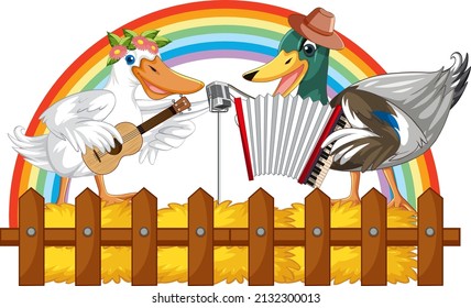 Little duck singing and play guitar, accordion on white ground illustration