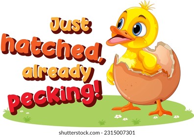 Little duckling hatching the egg text icon illustration