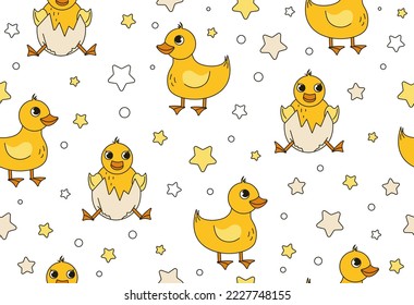 Little ducklings seamless pattern. Design element for printing on fabric. Cute and charming character for children, toy or mascot. Bird in shell. Nature and fauna. Cartoon flat vector illustration