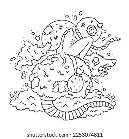 Little dust demon riding giant zombie rat. Scary devil with animal. Coloring page. Cartoon vector illustration. Isolated on white. Outlined hand drawn artwork. Black and white colors