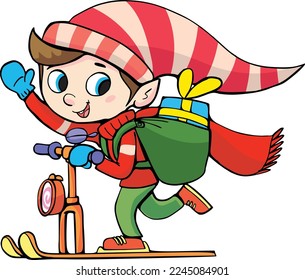 little dwarf carries Christmas presents riding on a sleigh