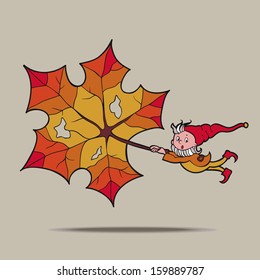 Little dwarf flying on a maple leaf. Illustration of children's fairy tales