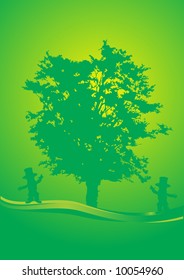 Little dwarfs dancing around a big tree
