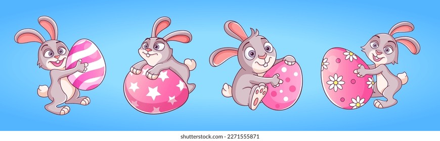 Little Easter bunnies with big easter eggs. Vector collection. Cartoon illustrations for Easter decorations. Easter mascots. Little rabbit characters