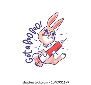 The little Easter bunny is a doctor with a syringe. Funny cartoonish rabbit with a lettering phrase - Got a boo, boo. Good for t-shirts, cloth designs, etc. This design is a vector illustration