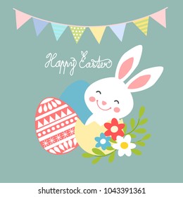 Little Easter bunny with eggs, Easter greeting card, vector illustration