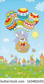 Little Easter bunny flying in its holiday basket with colorfully decorated balloons above a small toy town on a sunny spring day, vector cartoon illustration