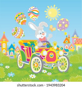 Little Easter Bunny friendly smiling, waving in greeting and driving a colorful toy retro car decorated with bright holiday balloons on a sunny spring day, vector cartoon illustration