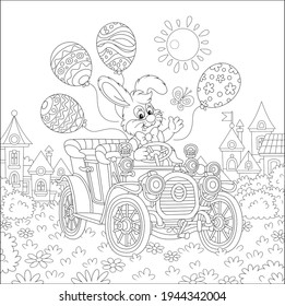 Little Easter Bunny friendly smiling, waving in greeting and driving a funny toy retro car decorated with balloons on a sunny spring day, black and white vector cartoon illustration