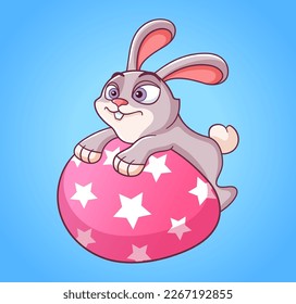 Little Easter bunny holding big easter egg. Cartoon vector illustration for Easter decorations. Easter mascot. Little rabbit character