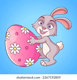 Pequeño conejito de Pascua sosteniendo un gran huevo de Pascua. Ilustración vectorial de dibujos animados para decoraciones de Pascua. Mascota de Pascua. Carácter conejo pequeño