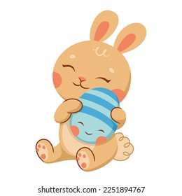 Little easter bunny hugging egg cartoon vector illustration
