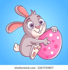 Little Easter bunny sitting with big easter egg. Cartoon vector illustration for Easter decorations. Easter mascot. Little rabbit character