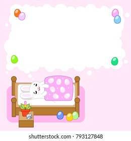 Little easter bunny sleeping and dreaming of eggs in blank think bubble for own text (vector template)
