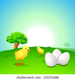 Little Easter Chick with Easter Eggs on nature background. EPS 10.