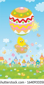 Little Easter chick flying in its holiday basket with a colorfully decorated balloon above a small toy town on a sunny spring day, vector cartoon illustration