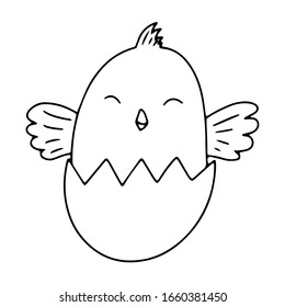 Little easter chicken in a broken egg, a chicken hatched from an egg, design element for the holiday of Easter, children's coloring, for books and congratulations