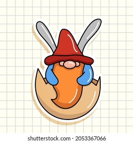 Little Easter gnome. Gnome sticker. Gnome rabbit. Vector holiday illustration. Notebook in a cage.