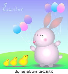 Little Easter rabbit with balloons and chickens in the meadow