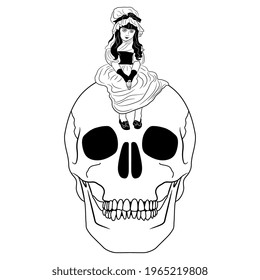 Little Edwardian or Victorian girl in retro dress sitting on human skull. Penelope Boothby style. Creative concept. Vita brevis. Memento mori. Black and white silhouette.